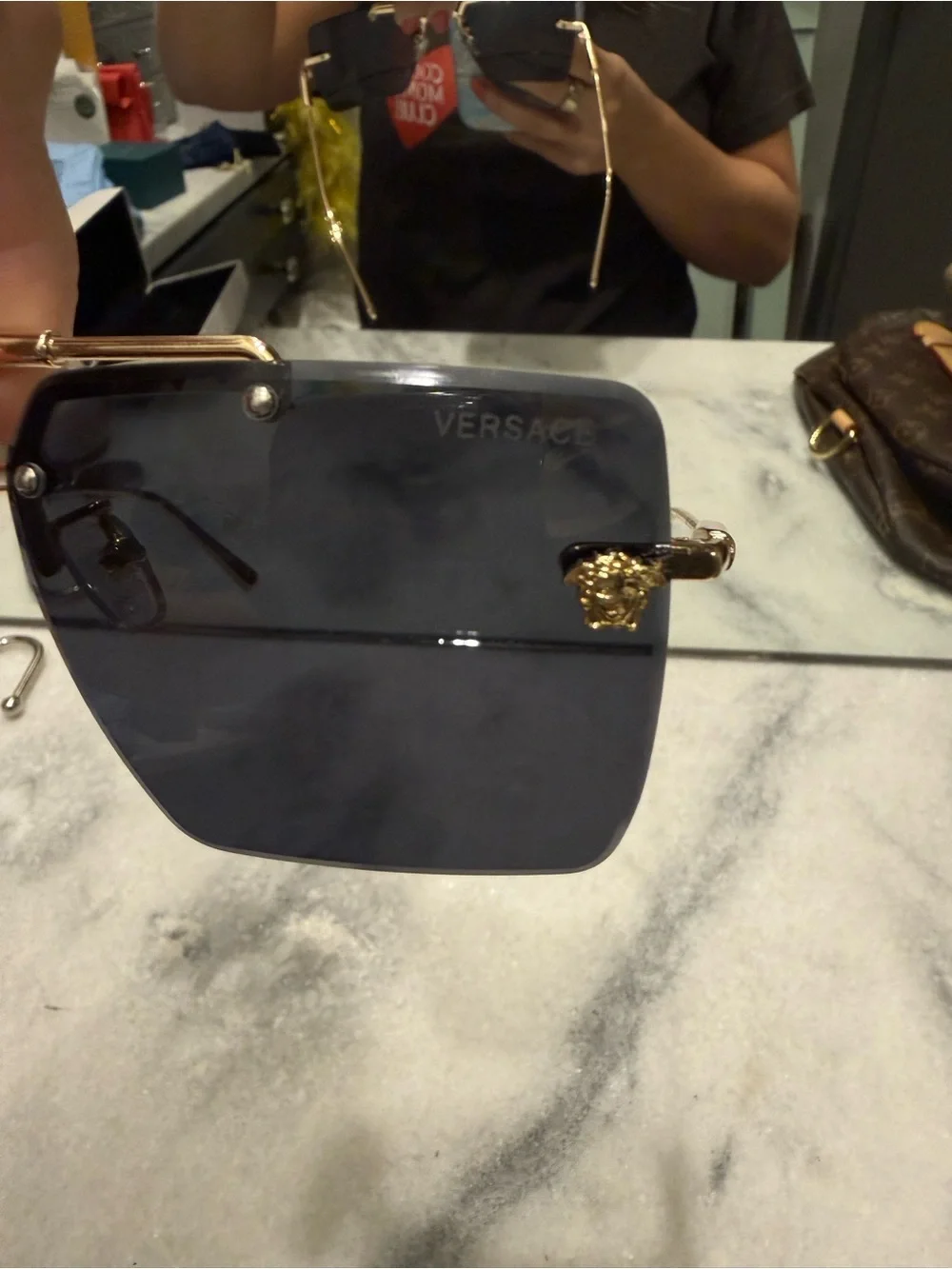 Versace Men's Black Shield Sunglasses with Gold Medusa Accents